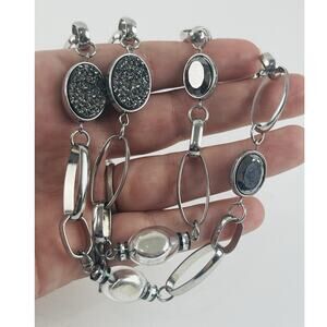 NY & Co Signed Silver Tone Druzy Style Necklace Gunmetal Chain Beaded Goth Opera